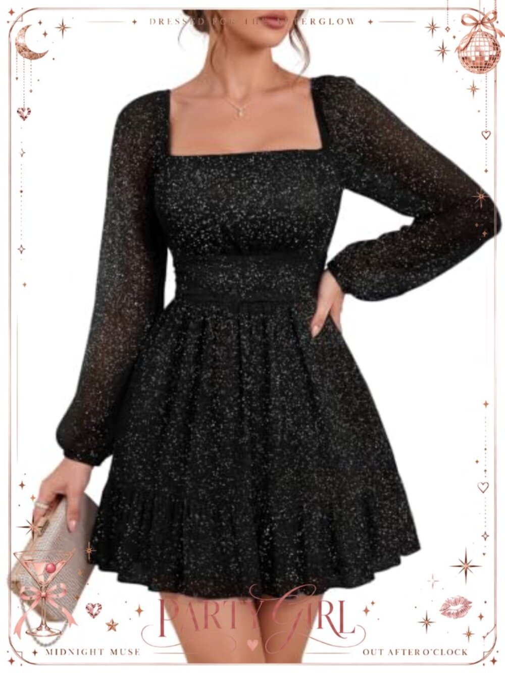 Sparkly Cocktail Homecoming Dress Long Lantern Sleeve Ruched Square Neck